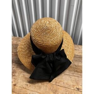 Giovannio NY Straw Hat Black Ribbon Sun Hat BEACH Derby‎ Church Bow Wide Brim